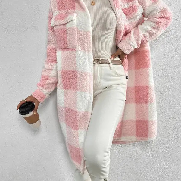Pink and white checkered sherpa coat from the Apricot White Plaid Long Cut Wool Coat collection