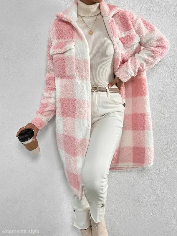 Pink and white checkered sherpa coat from the Apricot White Plaid Long Cut Wool Coat collection