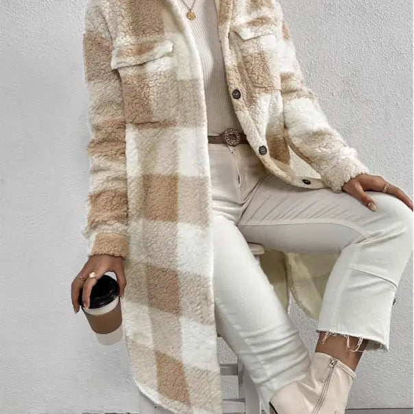 Beige and white plaid sherpa coat showcasing the Apricot White Plaid Long Cut Wool Coat