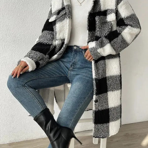 Black and white plaid sherpa coat showcased in Apricot White Plaid Long Cut Wool Coat