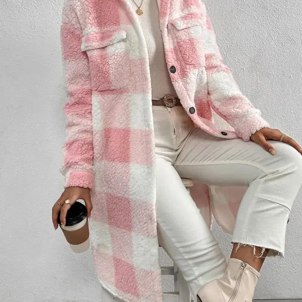 Pink and white plaid sherpa coat from Apricot White Plaid Long Cut Wool Coat collection