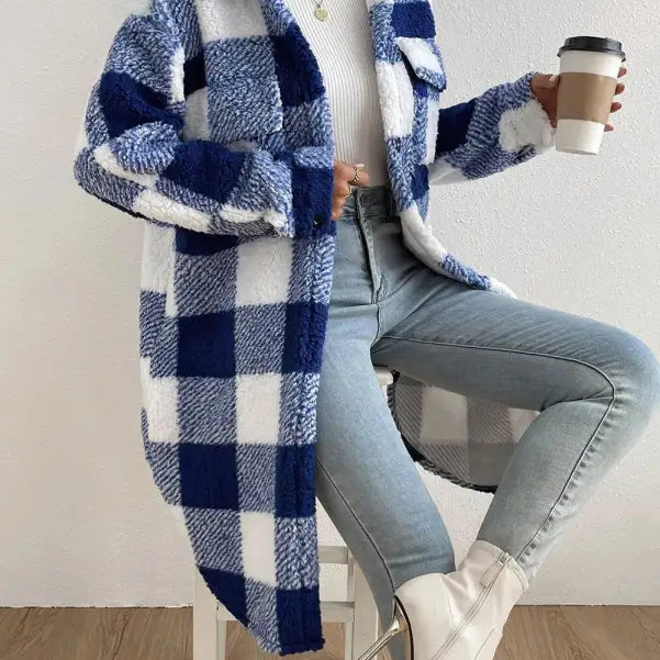 Blue and white plaid sherpa coat from the Apricot White Plaid Long Cut Wool Coat collection