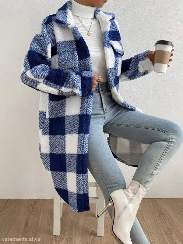 Blue and white plaid sherpa coat from the Apricot White Plaid Long Cut Wool Coat collection