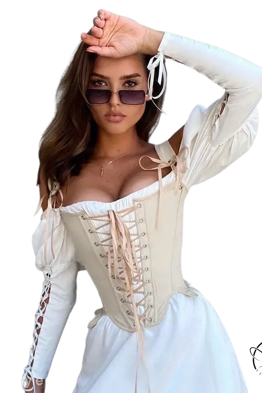 Woman in army green cowgirl boning corset, waist slim fit top with white skirt