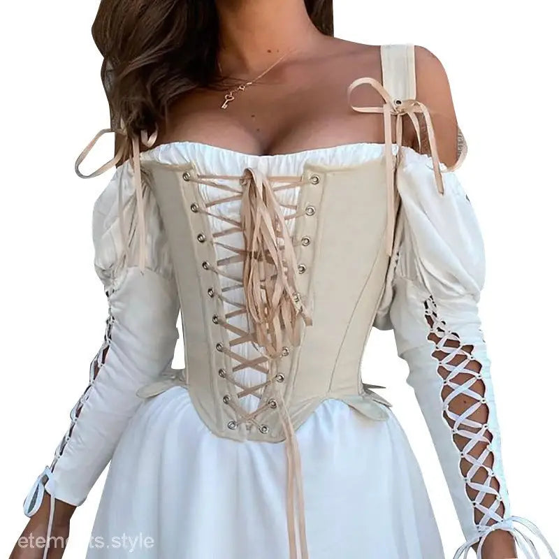 Beige cowgirl boning corset with front lacing, off-the-shoulder puff sleeves, waist slim fit