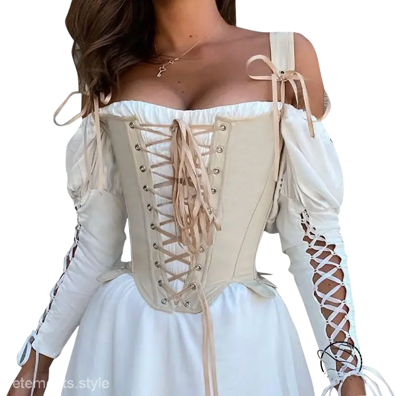 Army green cowgirl boning corset with waist slim fit, beige lacing and puff sleeves