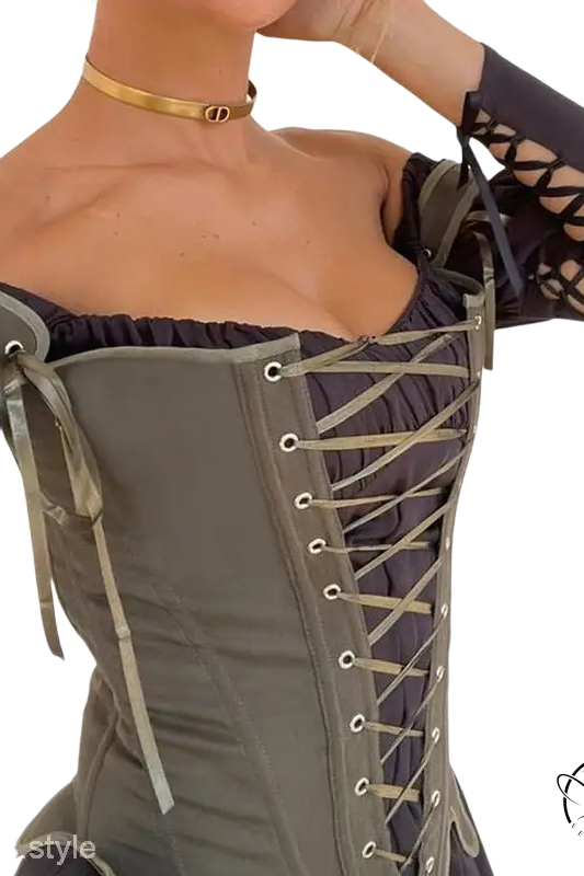 Woman in army green cowgirl boning corset with waist slim fit top and gold choker