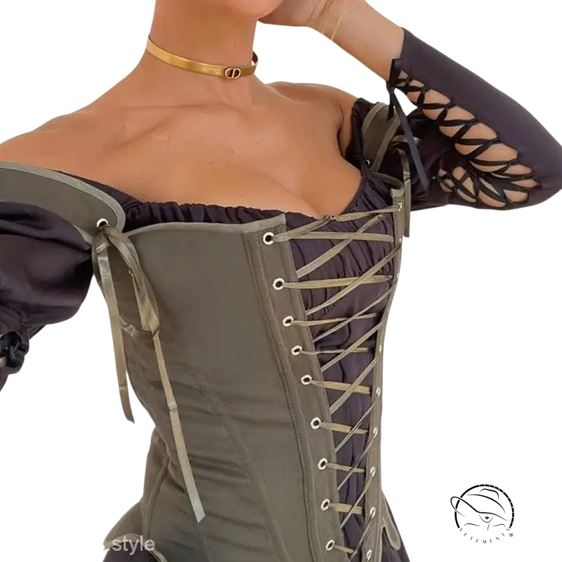 Woman in army green cowgirl boning corset with waist slim fit top and gold choker