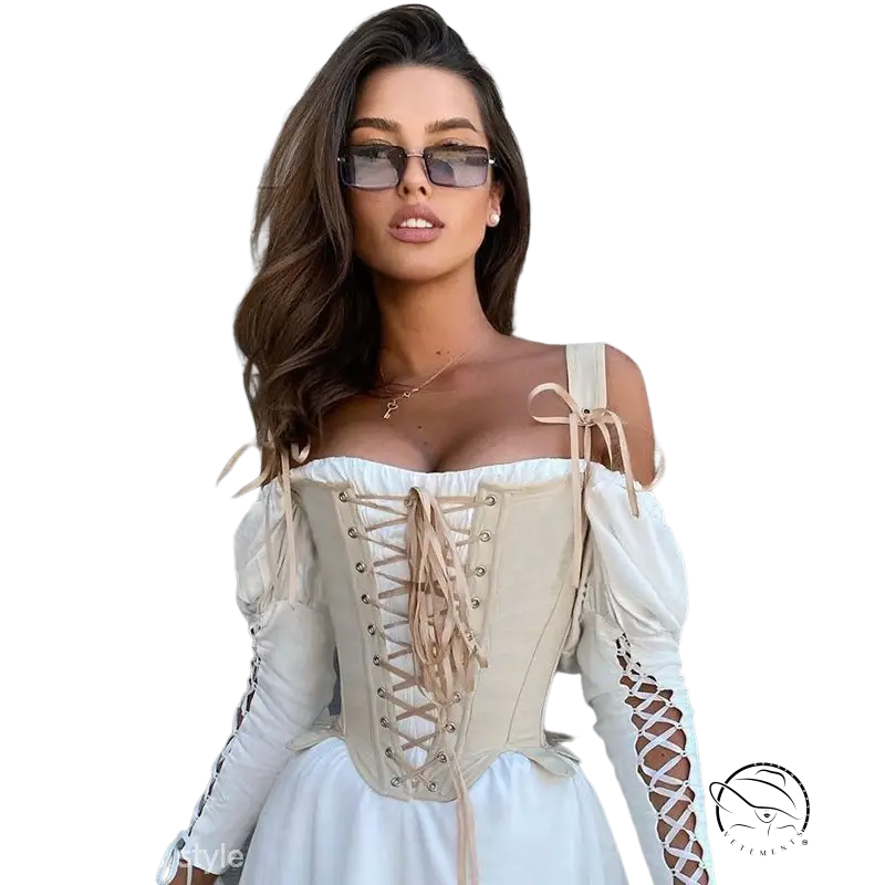 Army green cowgirl boning corset with waist slim fit in beige lace-up design