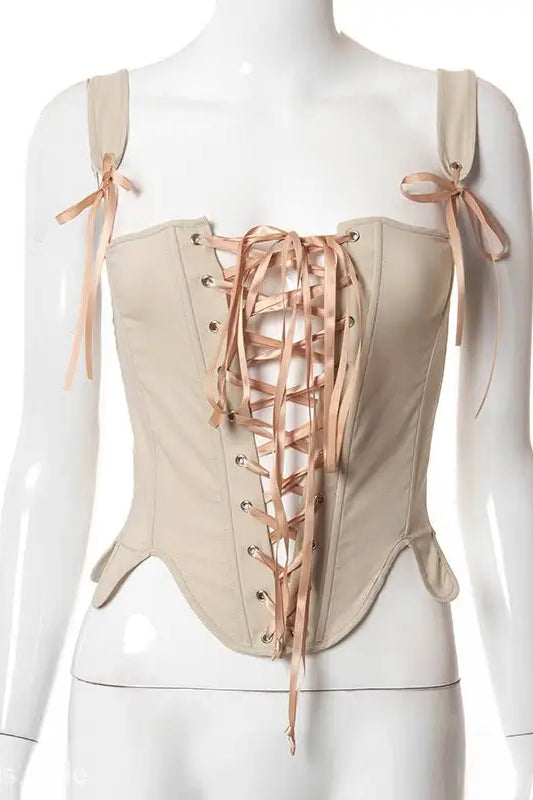 Beige cowgirl boning corset with shoulder straps, pink front lacing, waist slim fit, Army Green style