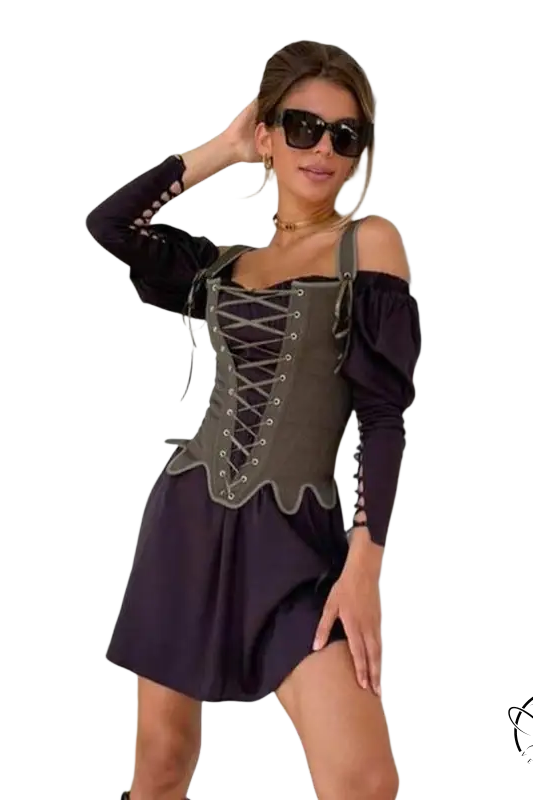 Woman in army green cowgirl boning corset, waist slim fit top and black mini skirt
