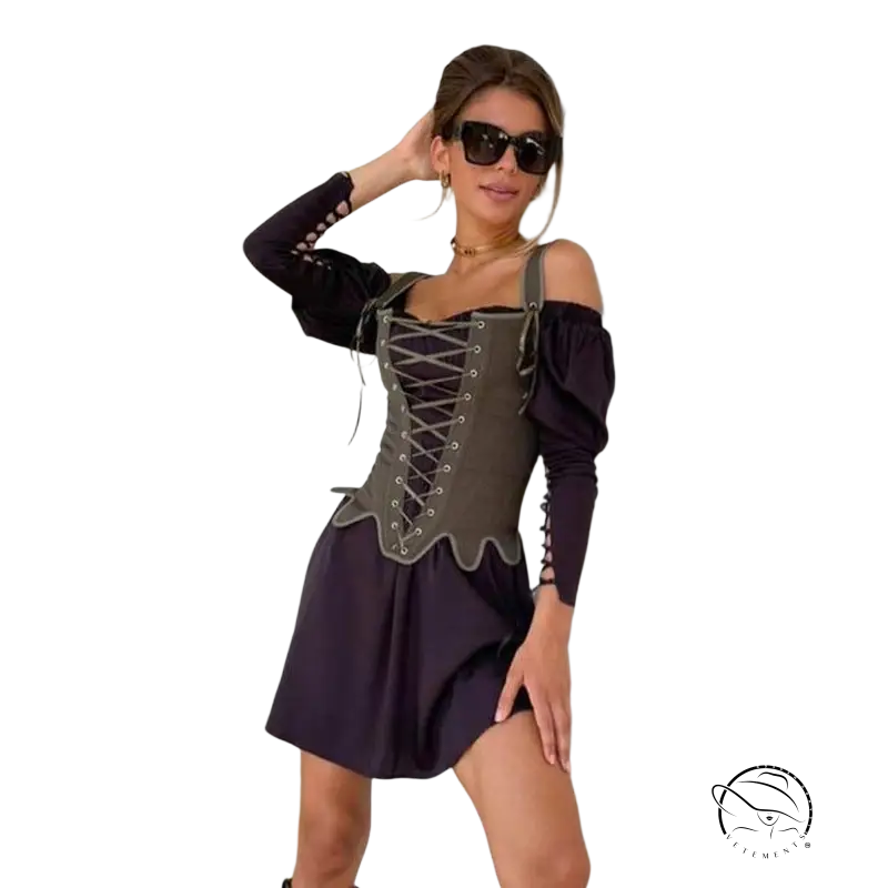 Woman in army green cowgirl boning corset, waist slim fit top and black mini skirt