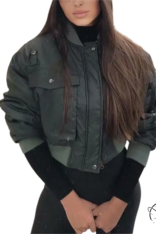 Army green thickened cotton padded bomber jacket with zippers and pockets