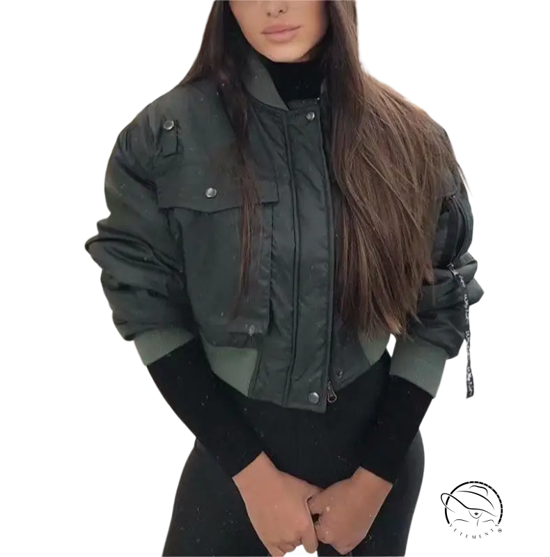 Army green thickened cotton padded bomber jacket with zippers and pockets