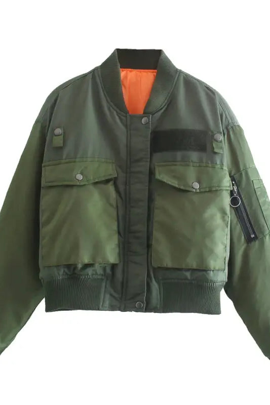 Army Green Casual Bomber Jacket with Zipper and Pockets in thickened cotton padded design