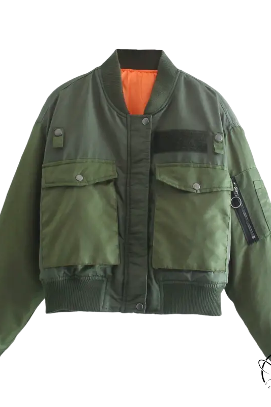 Army green thickened cotton padded bomber jacket with pockets and orange lining