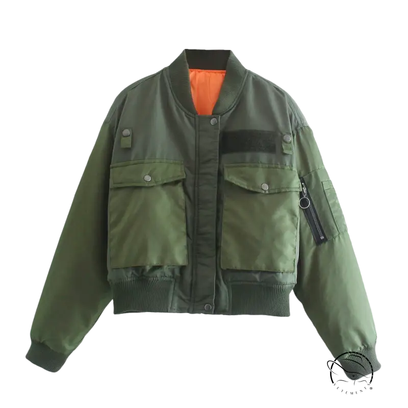 Army green thickened cotton padded bomber jacket with pockets and orange lining