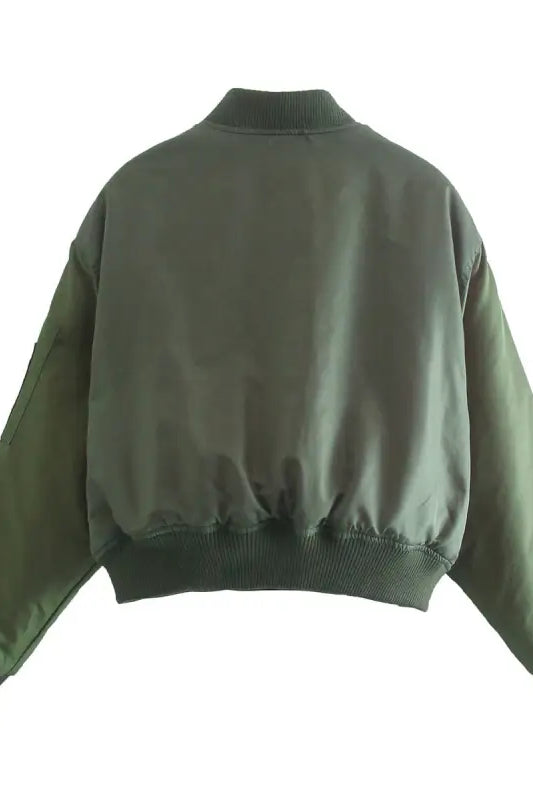 Olive green bomber jacket showcasing ribbed collar, cuffs, and practical pockets