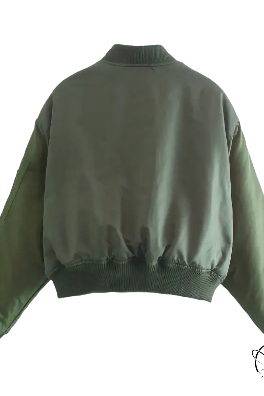 Army green thickened cotton padded bomber jacket with zipper pockets