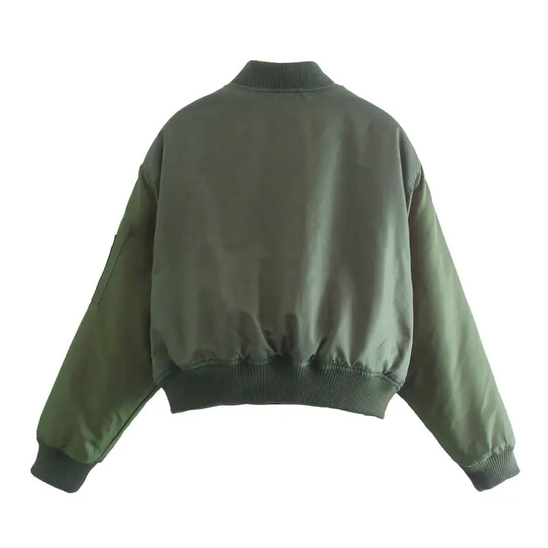 Olive green bomber jacket showcasing ribbed collar, cuffs, and practical pockets
