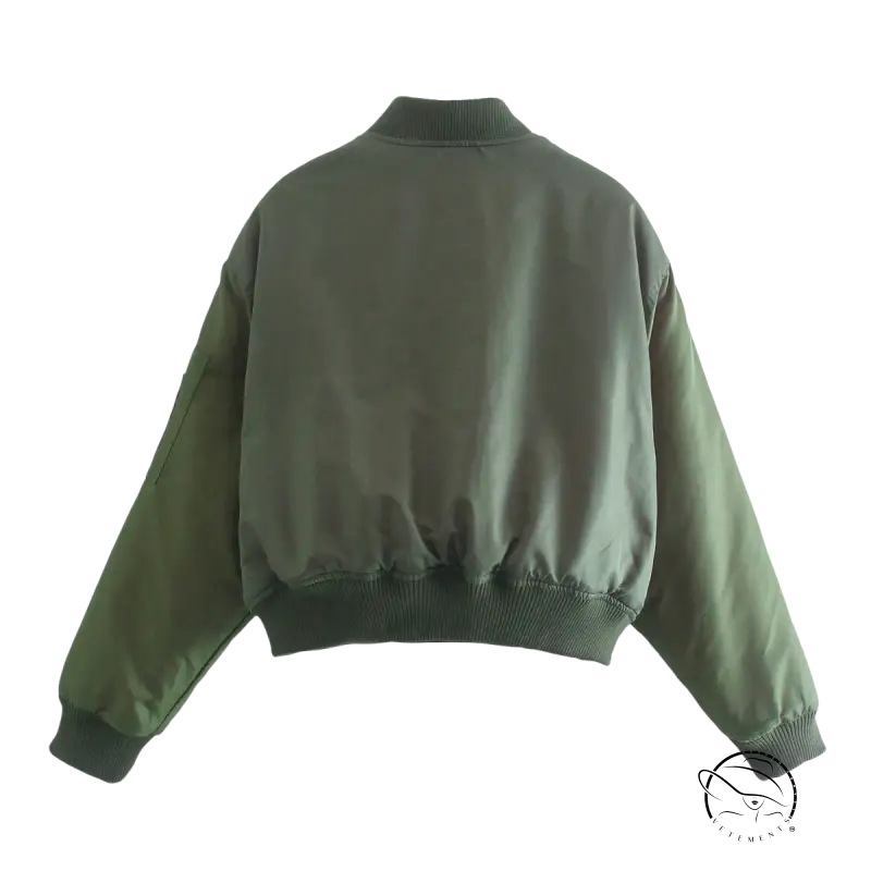 Army green thickened cotton padded bomber jacket with zipper pockets