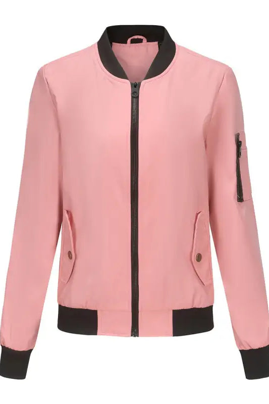 Pink bomber jacket with black trim, featured in Army Green Casual Varsity Jacket style