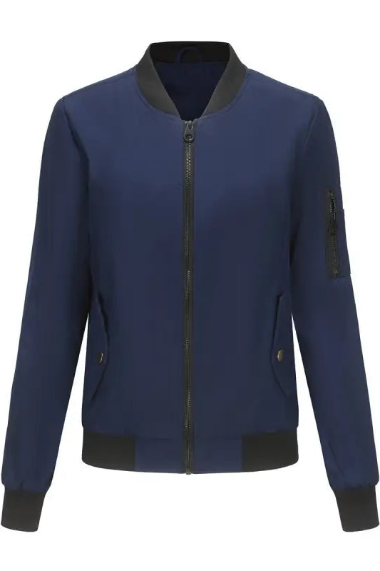 Navy blue bomber jacket with black trim and zipper, ideal for casual varsity styles