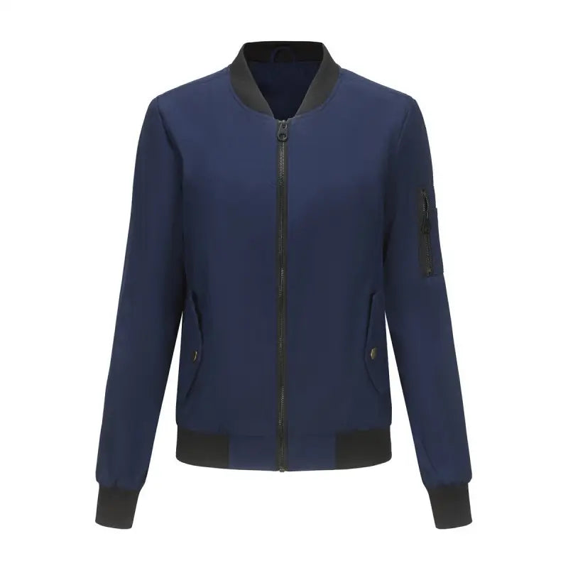 Navy blue bomber jacket with black trim and zipper, ideal for casual varsity styles