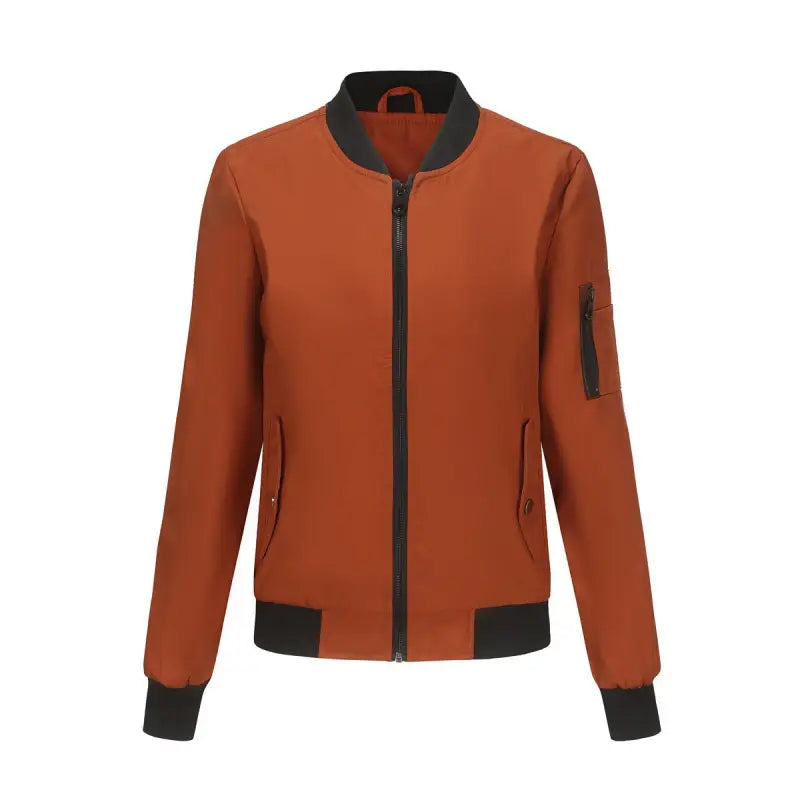 Rust-colored bomber jacket with black trim, featuring zipper closure, showcasing casual varsity style