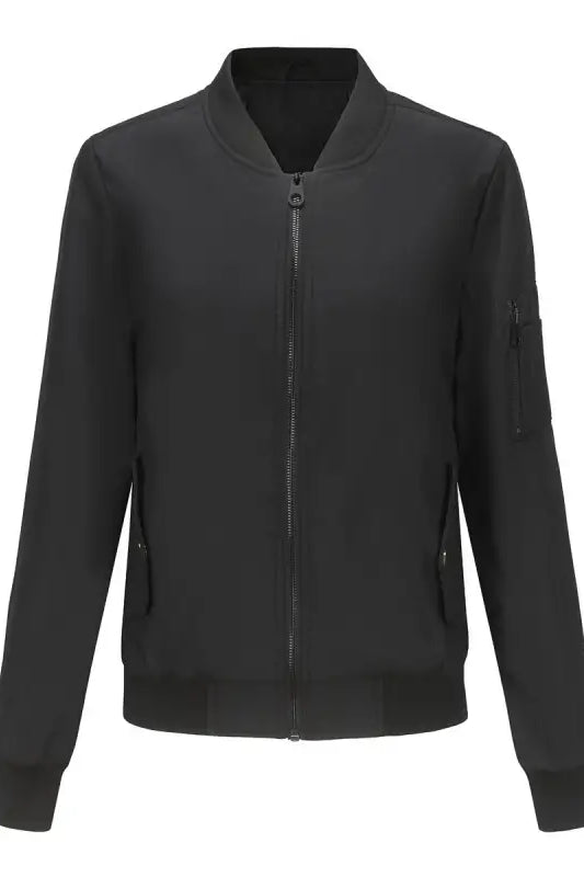 Black bomber jacket featuring ribbed details, ideal for stylish army green casual varsity wear