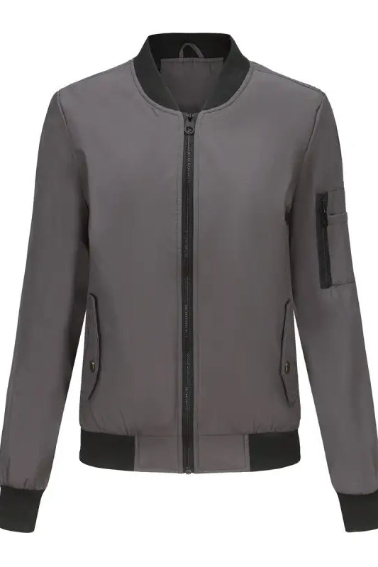 Gray bomber jacket with black trim and zipper, perfect for a casual varsity jacket style