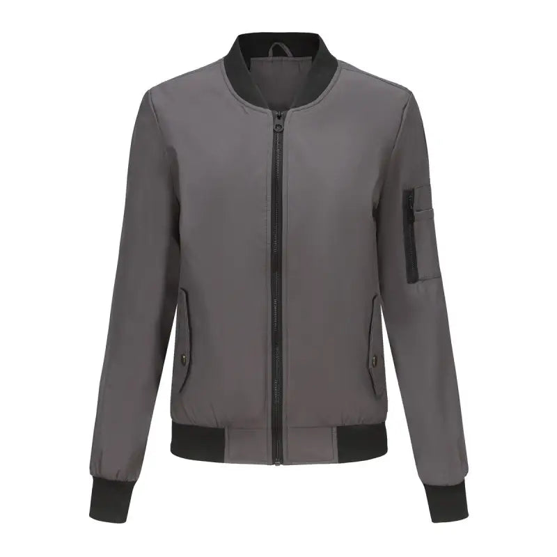 Gray bomber jacket with black trim and zipper, perfect for a casual varsity jacket style