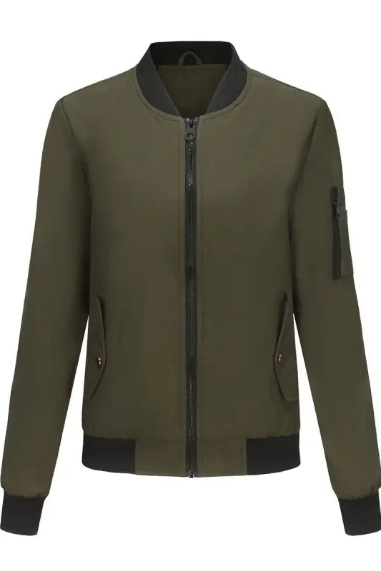 Olive green bomber jacket with black trim, a stylish army green casual varsity jacket