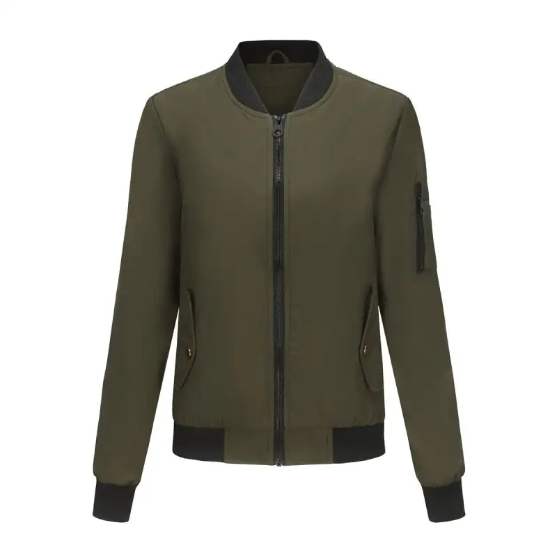 Olive green bomber jacket with black trim, a stylish army green casual varsity jacket