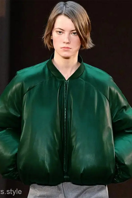 Model wearing army green cotton cozy jacket with zipper and front pockets