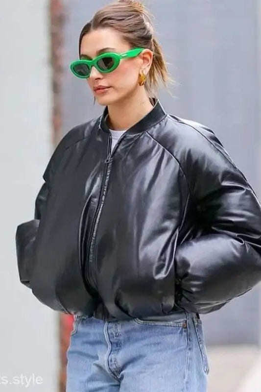 Black satin bomber jacket with relaxed fit, ideal as a cotton cozy jacket in solid color long sleeve style