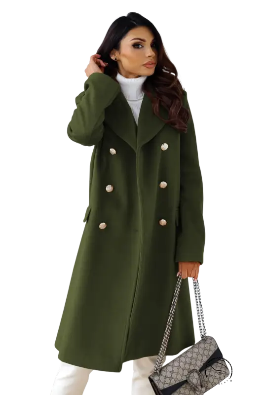 Army green double breasted long sleeve collared woolen coat