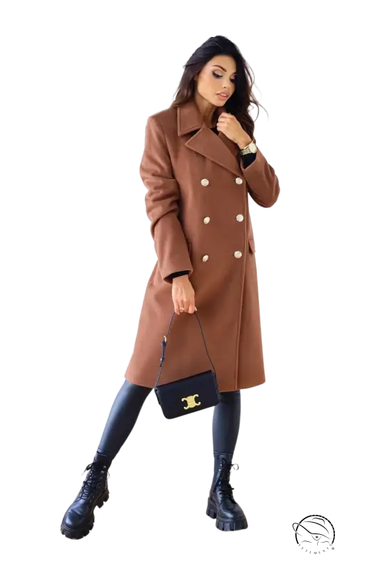 Army green double breasted long sleeve collared woolen coat with gold buttons