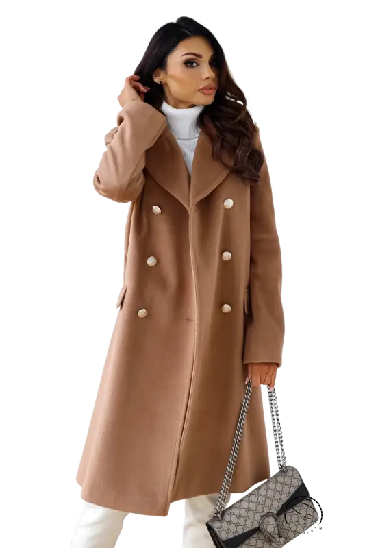 Army green double breasted long sleeve collared woolen coat with large lapels