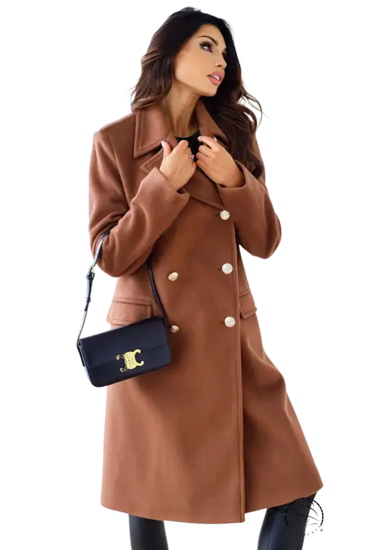 Stylish army green double breasted long sleeve collared woolen coat