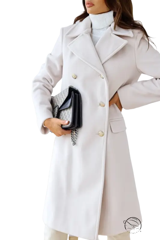 Army green double breasted long sleeve collared woolen coat with large lapels