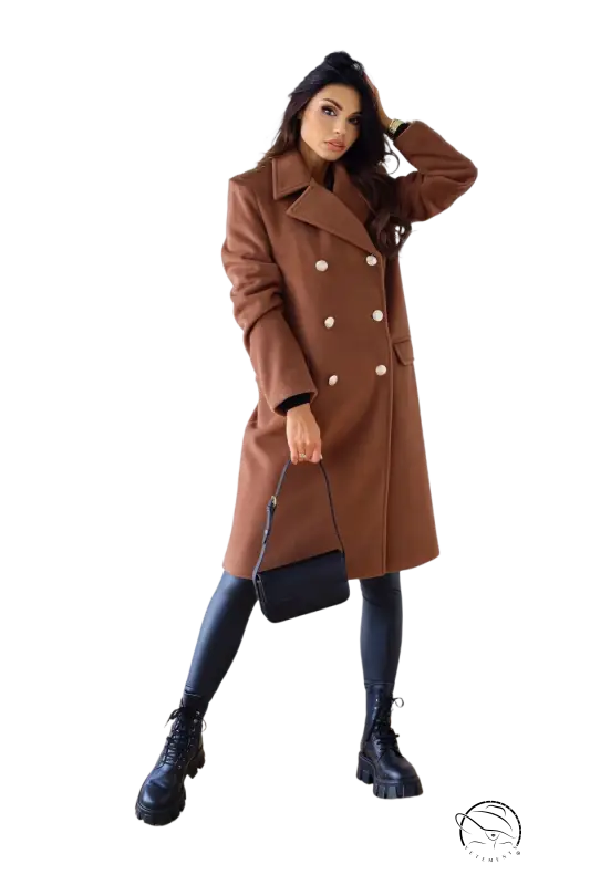 Army green double breasted long sleeve collared woolen coat with large lapels