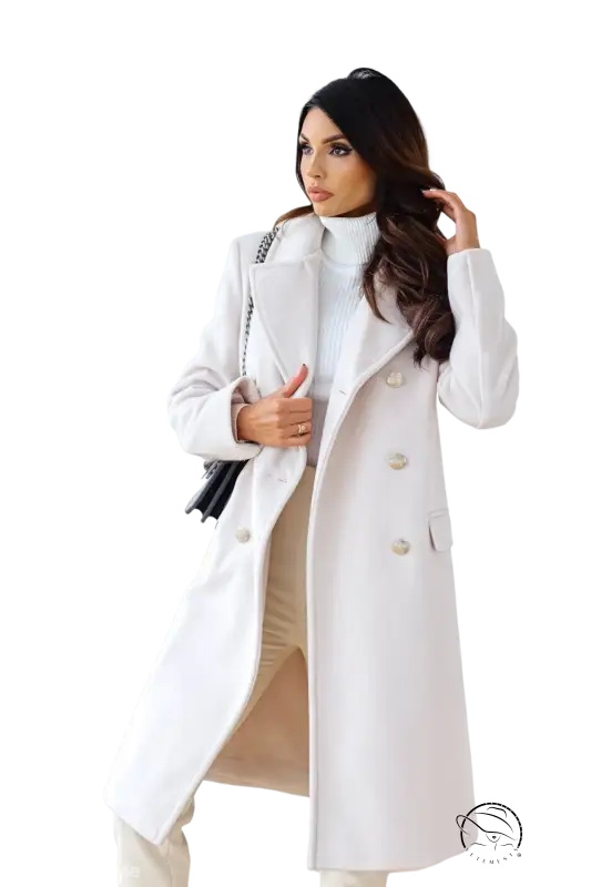 Woman in army green double breasted long sleeve collared woolen coat