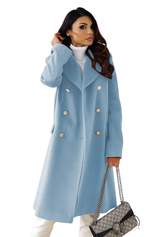 Army green double breasted long sleeve collared woolen coat