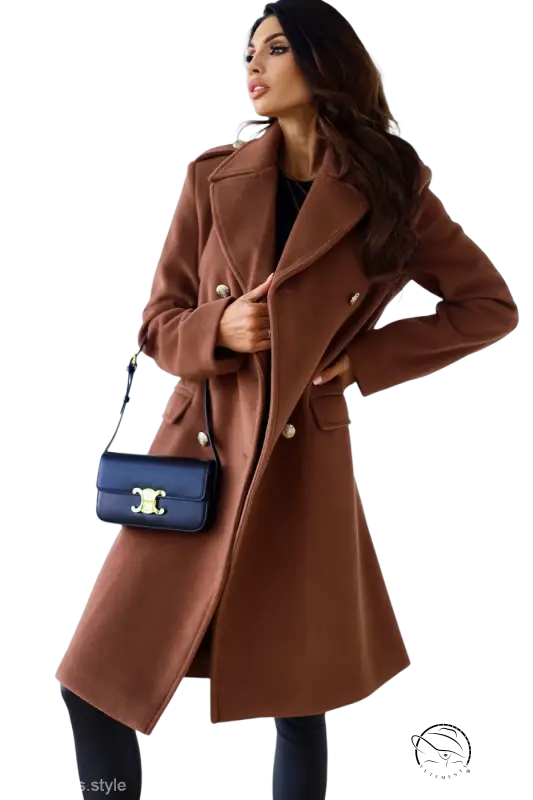 Army green double breasted long sleeve collared woolen coat with gold buttons