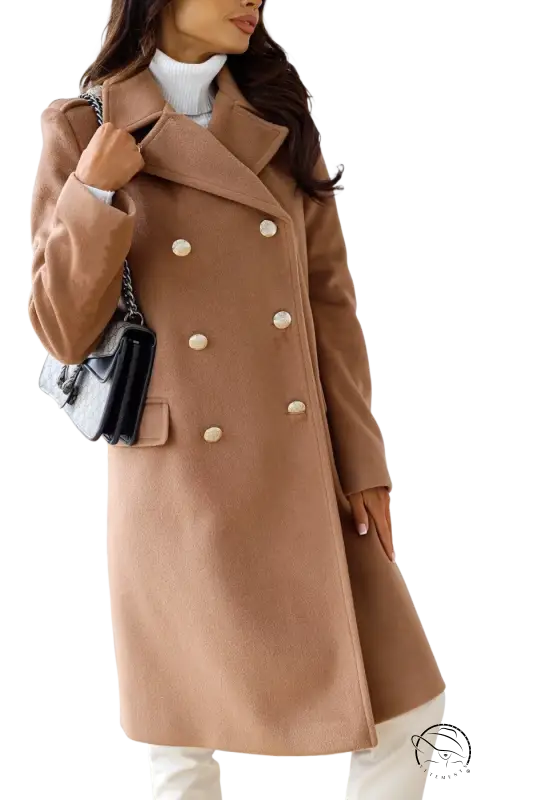 Army green double breasted long sleeve collared woolen coat