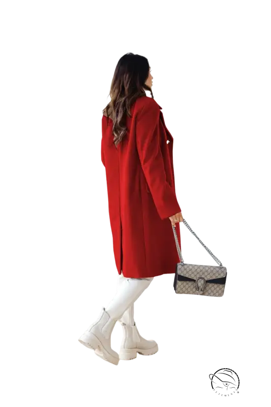 Army green double breasted long sleeve collared woolen coat with red accents