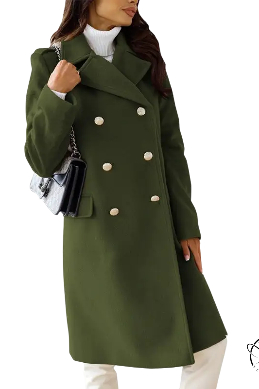 Army green double breasted long sleeve collared woolen coat