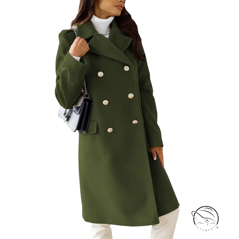 Army green double breasted long sleeve collared woolen coat