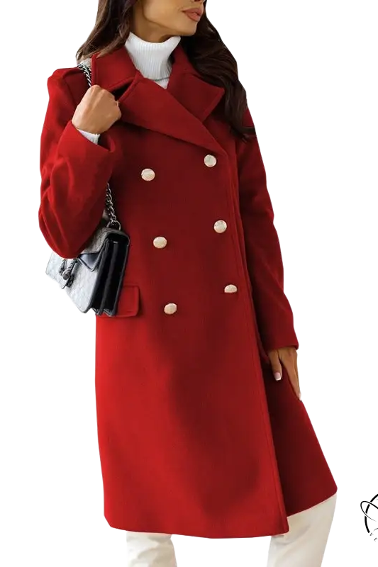 Army green double breasted long sleeve collared woolen coat with white buttons